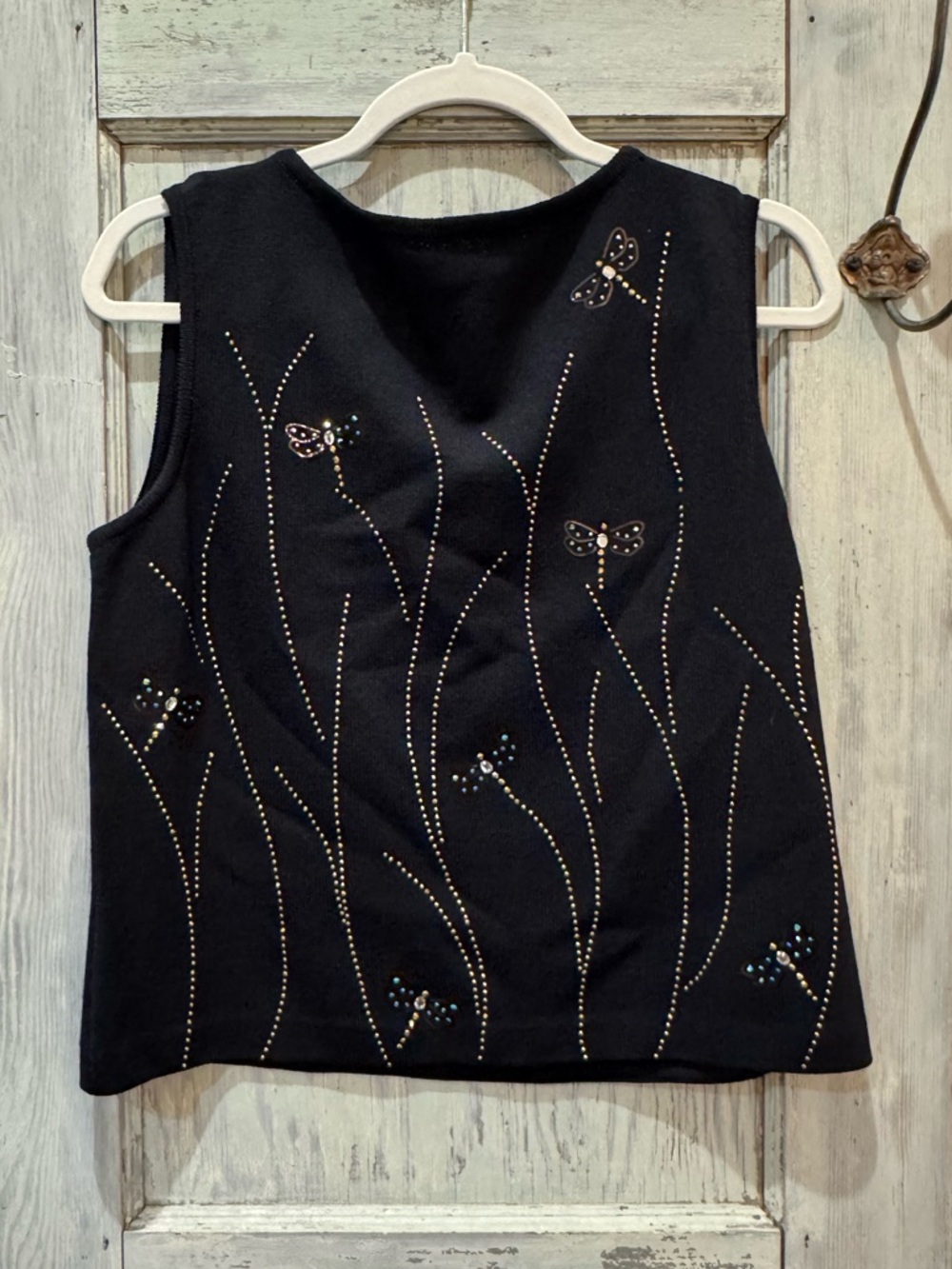 St. John Black Label Embellished Black Knit Shell, stud rhinestone dragonfly 10